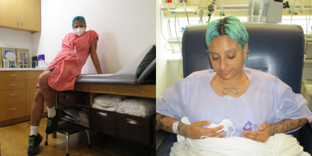 Two images of the author, Aisha — a brown, tattooed person with short, blue hair that's parted down the middle — appear side by side. On the left, Aisha wears a pink medical gown, a white N95 mask, white socks, and black sneakers with teal laces. They lean against a table in a doctor's office. On the right, Aisha wears a blue medical gown while sitting in a chair in a hospital. They look down at their chest and hold it in their hands.