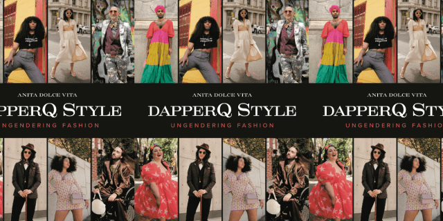 the cover of the DapperQ coffee table book, repeated three times over. The cover includes portraits of eight different queer people posing in gorgeous and unique outfits. On a black banner background in the center, white texts reads: DapperQ Style, Ungendering Fashion
