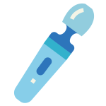 A drawing of a light blue wand vibrator is against a white background. The area between the head and handle is dark blue, and there are dark blue and white control buttons on the handle.