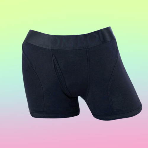 Against a green, blue, and pink ombre background, there is the Sparesparts Tomboii boxer brief harness. The boxer briefs are black with a wide band, which reads, "Tomboii."