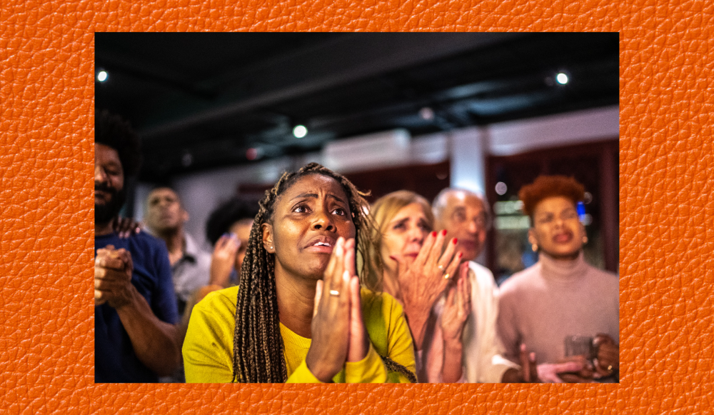 A distraught women praying during a sports ball game, collaged on top of a leather orange pattern like a basketball.