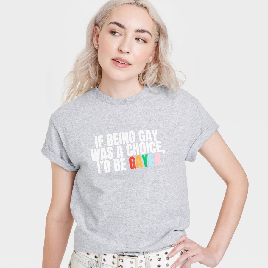 target pride 2023 merch drop: a grey t-shirt that reads, "if being gay was a choice, I'd be GAYER"