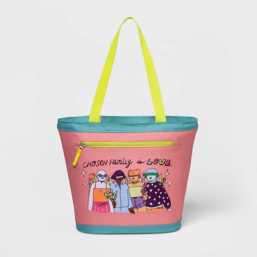 target pride 2023 merch drop: a peach colored beverage cooler that says "chosen family is love"