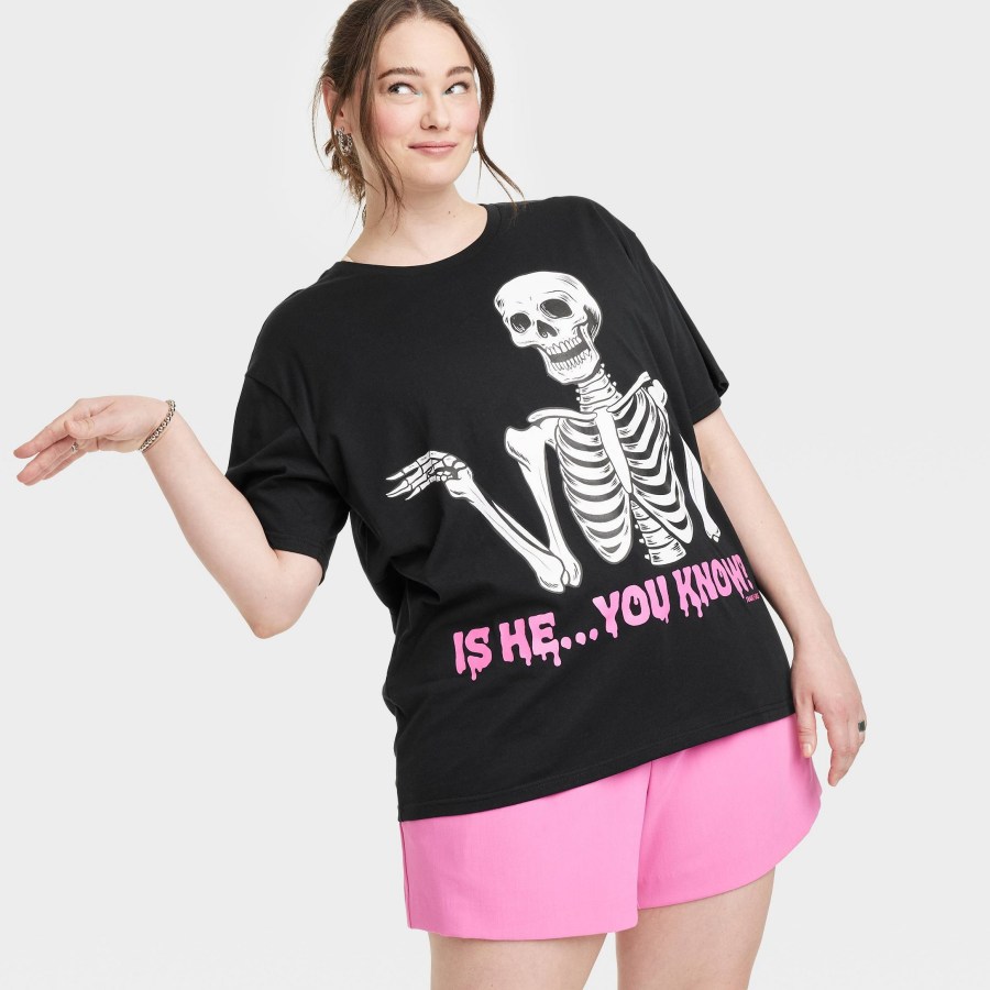 A skeleton with a limp wrist and underneath it says "Is he... you know?"