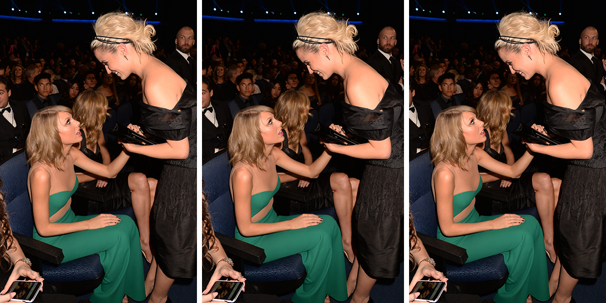 OVEMBER 23: Singer Taylor Swift (L) and actress Dianna Agron attend the 2014 American Music Awards at Nokia Theatre L.A. Live on November 23, 2014 in Los Angeles, California.