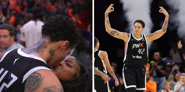 Brittney and Cherelle Griner kiss / BG holds up threes in celebration in her return to the WNBA