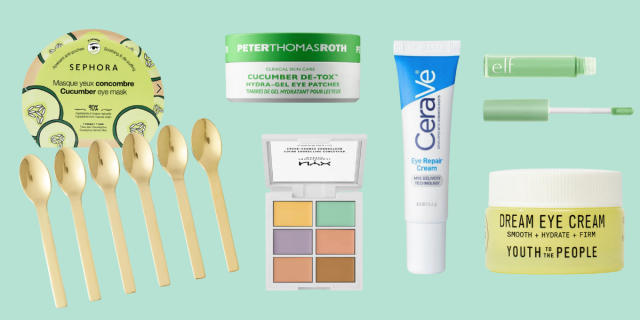 A collection of overnight skin treatments, including masks, spoons, creams, and lotions. All in front of a turquoise background.