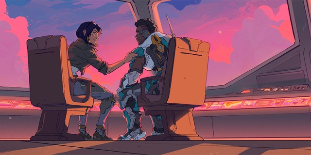Pharah and Baptiste sit together in the sunset