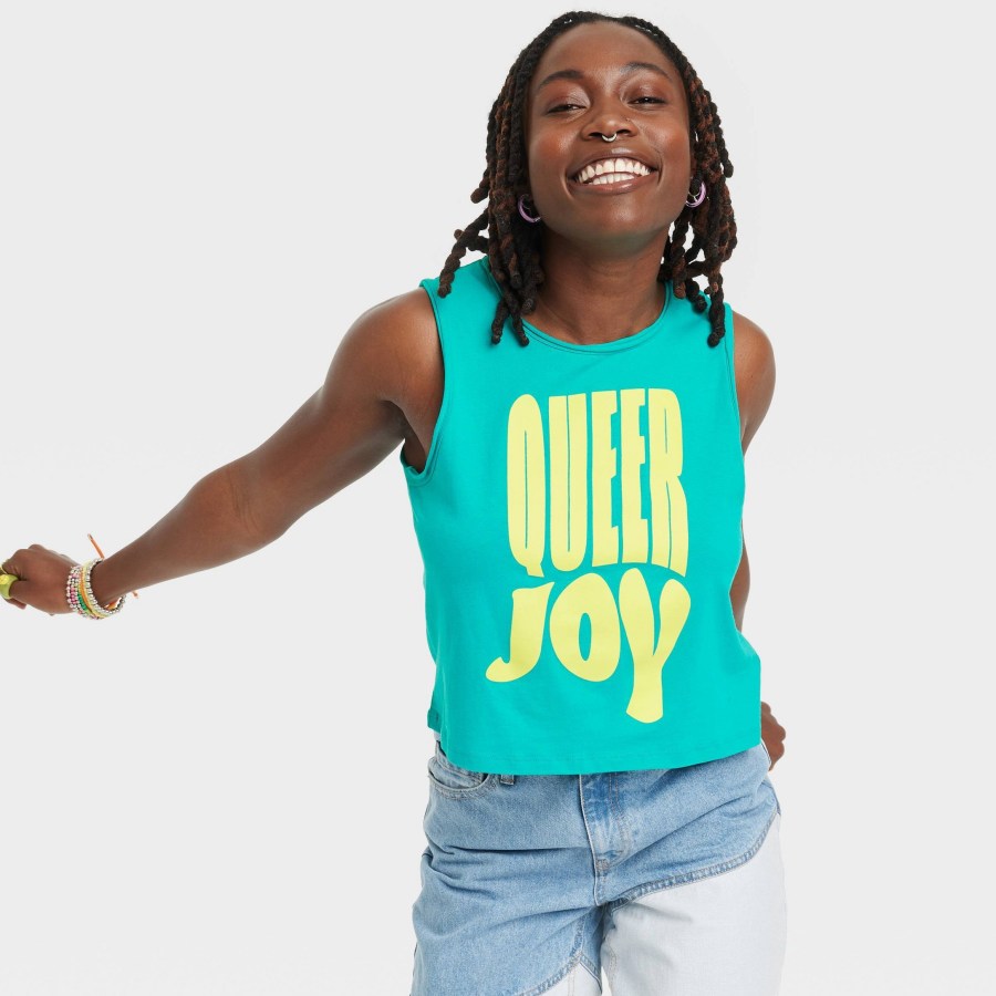 A turquoise tank top that says QUEER JOY in bright yellow