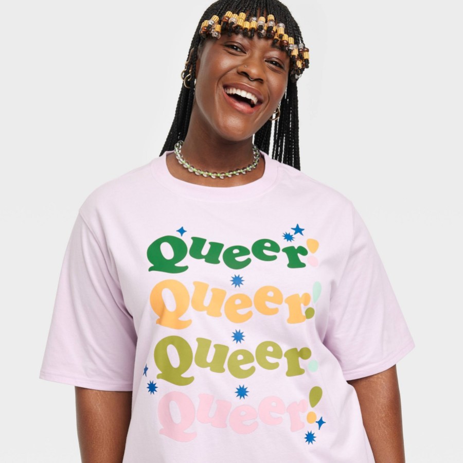 target pride 2023 merch drop: a lavender shirt that says "queer! queer! queer! queer!"