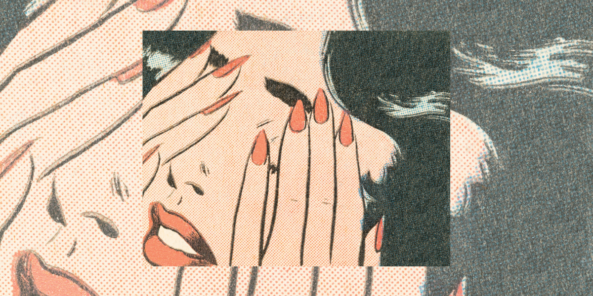 a cartoon woman looking like a vintage comic character covering her eyes and crying