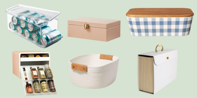 a spice organizer, a soda organizer for the fridge, a pink metal latched desk box, a cream wwoven basket, a blue and white checkered food storage box, and a white and gold expandable file folder
