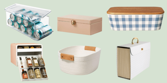 a spice organizer, a soda organizer for the fridge, a pink metal latched desk box, a cream wwoven basket, a blue and white checkered food storage box, and a white and gold expandable file folder