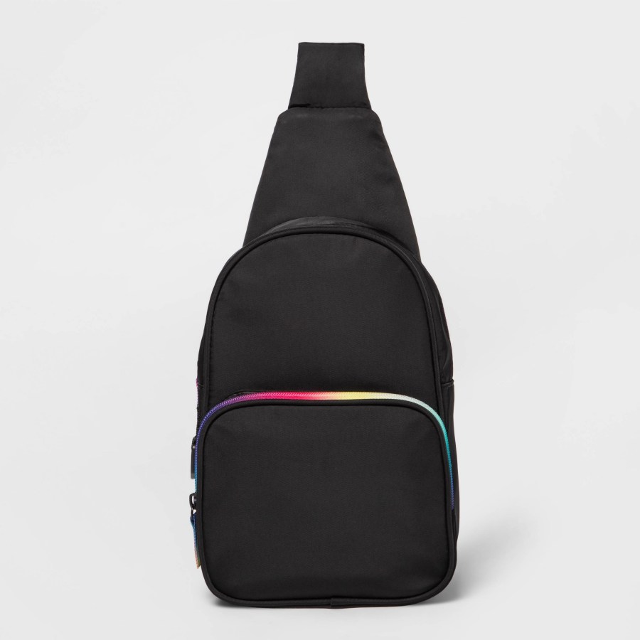 target pride 2023 merch drop: a black single shoulder backpack with rainbow trim