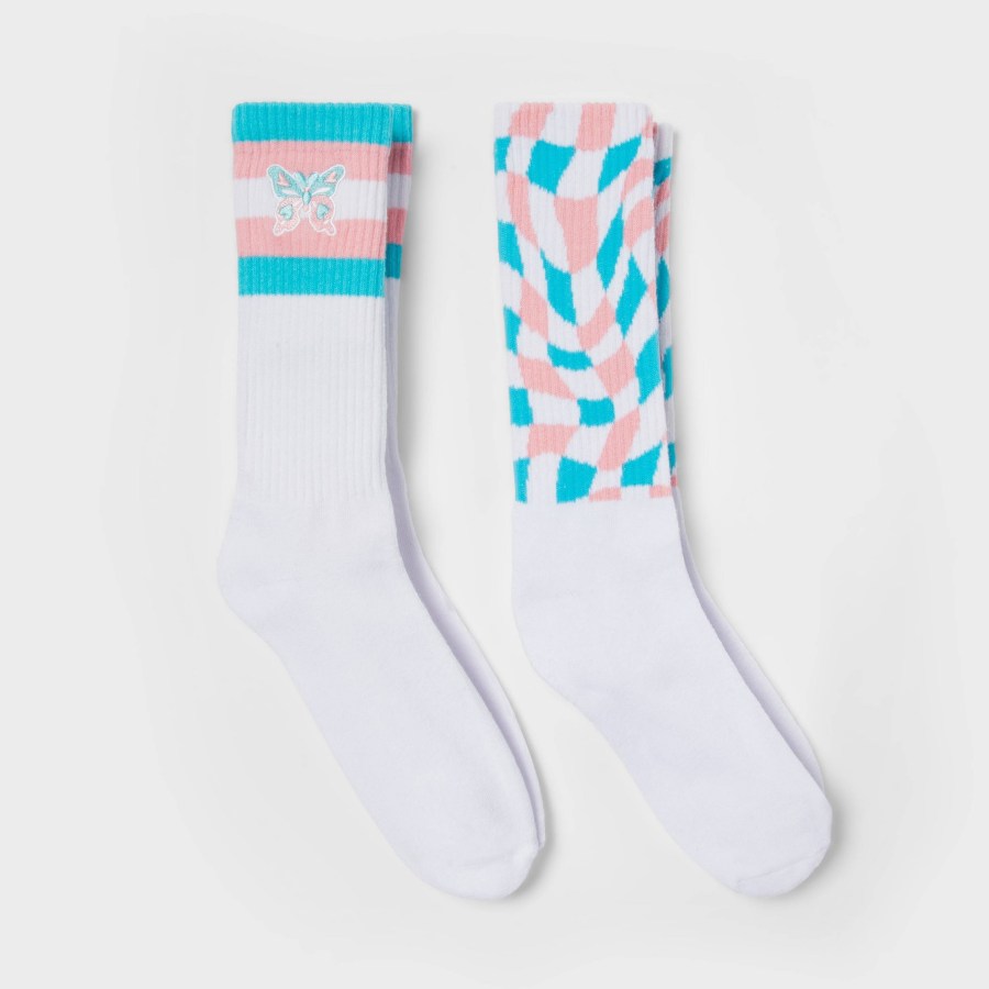 target pride 2023 merch drop: white crew socks with detailing at the top in trans pride colors, one set with an embroidered rainbow