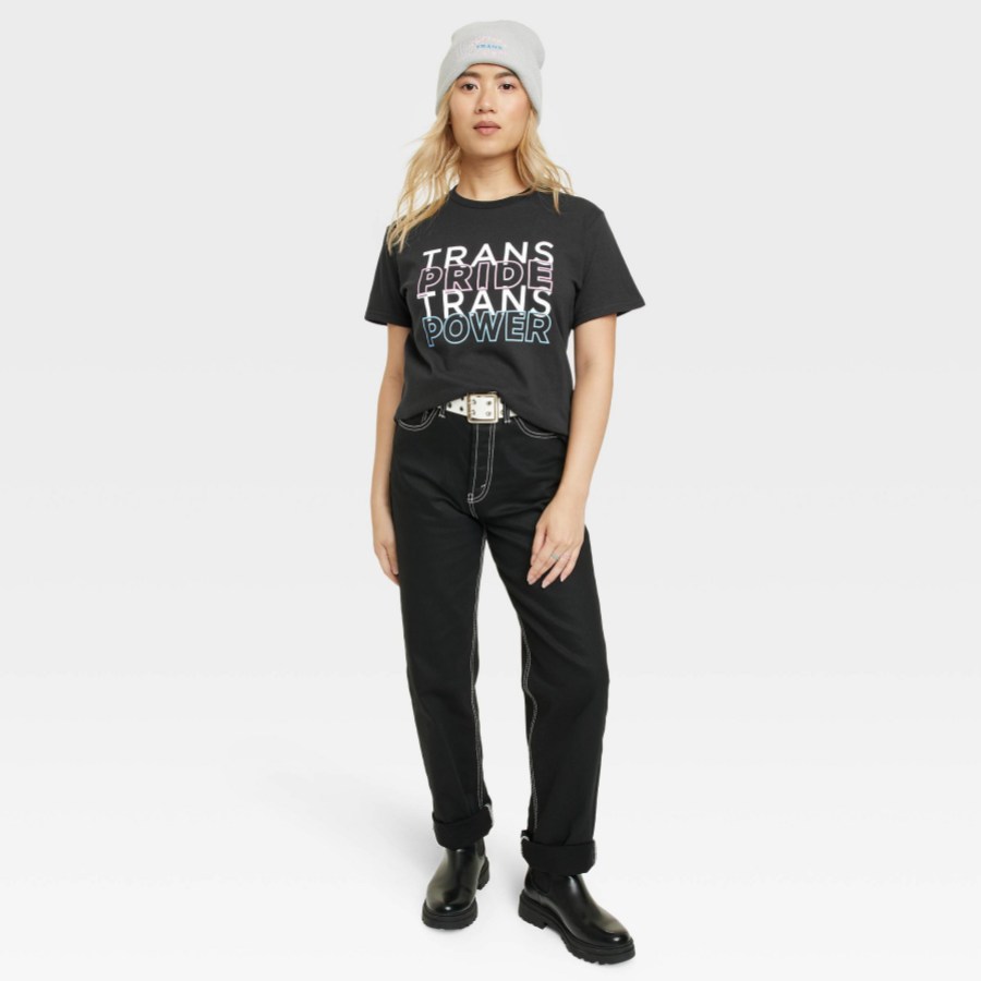 a black shirt that reads: trans pride, trans power