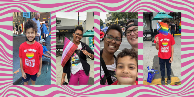 The writer Sai holds a lesbian Pride flag in one photo. Her son wears a t-shirt that reads MY MOMS HAVE THE COOLEST SON IN THE WORLD with a rainbow heart on it. Sai and her son take a selfie with Sai's partner. There's a mint and pink swirl background.