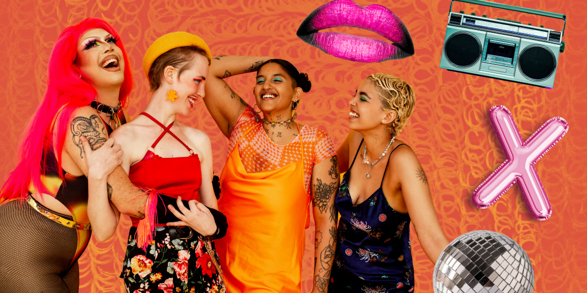 four friends celebrating gay Pride and laughing, surrounded by shiny lips, a blue boombox, an X balloon, and a disco ball