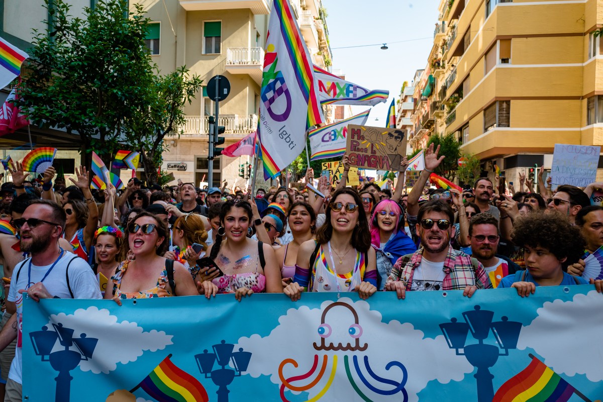 Demonstrators during the 20th anniversary of Bari Pride in Bari's Piazza Umberto I, June 17, 2023.It is the day of pride, the day of struggle. Bari Pride turns 20 and takes to the streets with more than 10,000 people to celebrate the right to love beyond distinctions and prejudices, and at the same time loudly claim the equality that is still missing. The procession left after 4 p.m. from Piazza Umberto I to Corso Vittorio Emanuele, where a demonstration action was planned in front of the Prefecture, a message to be sent to the national government that still ignores the demands of the Lgbtqia+ community. (Photo by Davide Pischettola/NurPhoto via Getty Images)