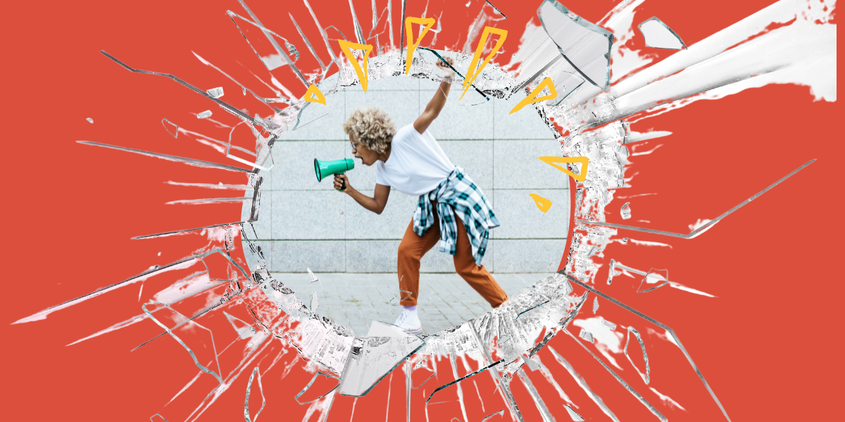 a woman shouting into a megaphone with a fist in the air, surrounded by broken glass and yellow arrows