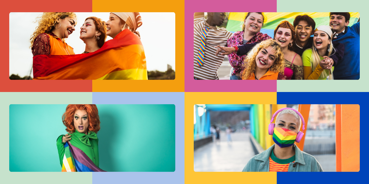 a group of friends wrapped in a gay pride flag, a group of friends partying at pride, a drag queen wrapped in a gay pride flag, and a person in a rainbow face mask