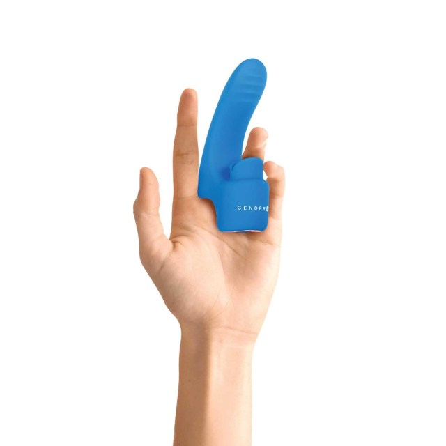 A blue sex toy on a person's middle finger, called the Flick It Rechargeable Finger Vibe from Eve's Toys