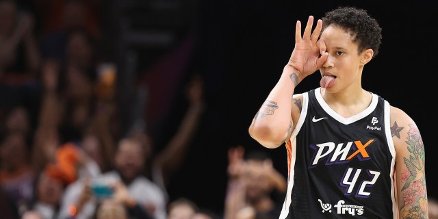 Brittney Griner #42 of the Phoenix Mercury reacts after hitting a three-point shot against the Chicago Sky during the second half of the WNBA game at Footprint Center on May 21, 2023 in Phoenix, Arizona.