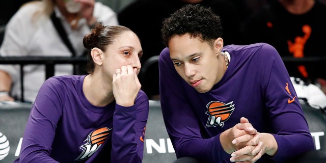 Diana Taurasi #3 (L) talks with Brittney Griner #42 of the Phoenix Mercury (R) before the first half against the Phoenix Mercury at Barclays Center on June 18, 2023