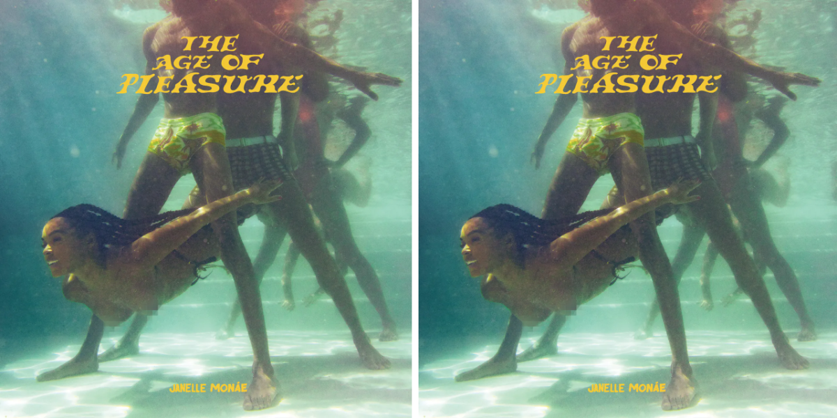 Janelle Monáe's "Age of Pleasure" album cover, repeated twice. In the cover, Janelle is underwater swimming.