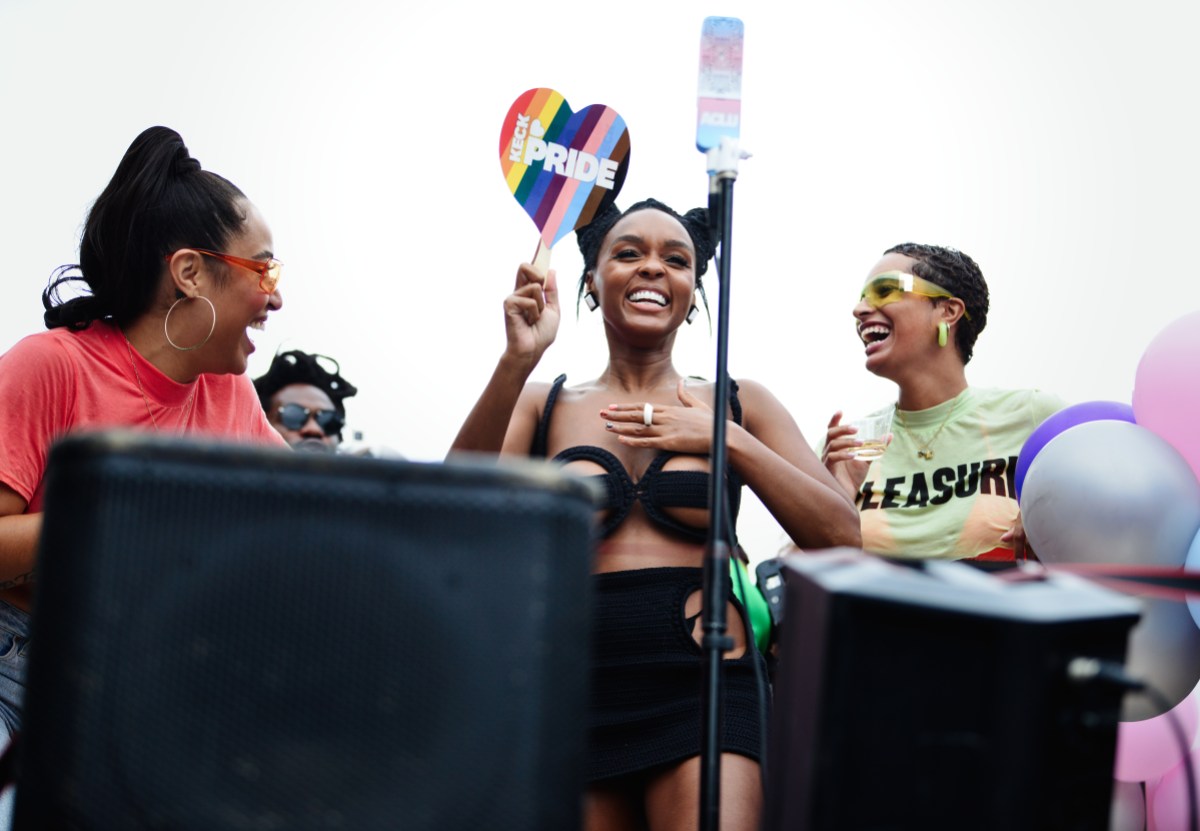 HOLLYWOOD, CALIFORNIA - JUNE 11: Janelle Monáe performs on the ACLU of Southern California Community Grand Marshal float at the 2023 LA Pride Parade on June 11, 2023 in Hollywood, California. (Photo by Chelsea Guglielmino/WireImage)