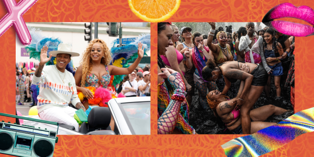 Collage. Picture One: WEST HOLLYWOOD, CALIFORNIA - JUNE 04: (L-R) Jessica Betts and Niecy Nash-Betts attend the 2023 WeHo Pride Parade on June 04, 2023 in West Hollywood, California. (Photo by Frazer Harrison/Getty Images) Picture Two: NEW YORK, NEW YORK - JUNE 25: People play in the fountain on June 25, 2023 in Washington Square Park in New York City. Washington Square Park has become a recurrent place for thousands to gather during Pride Day marches on this day. (Photo by Stephanie Keith/Getty Images)
