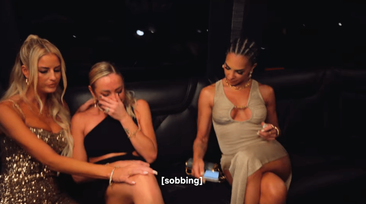 The women of Selling Sunset in a limo, and one of them is sobbing