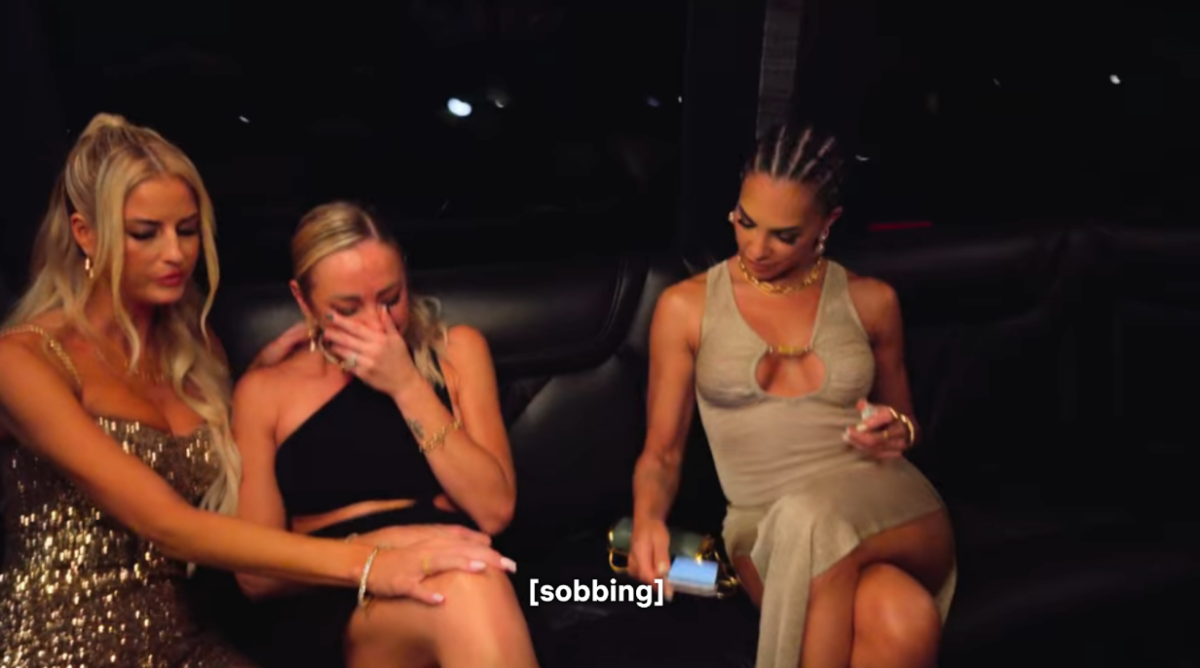 The women of Selling Sunset in a limo, and one of them is sobbing