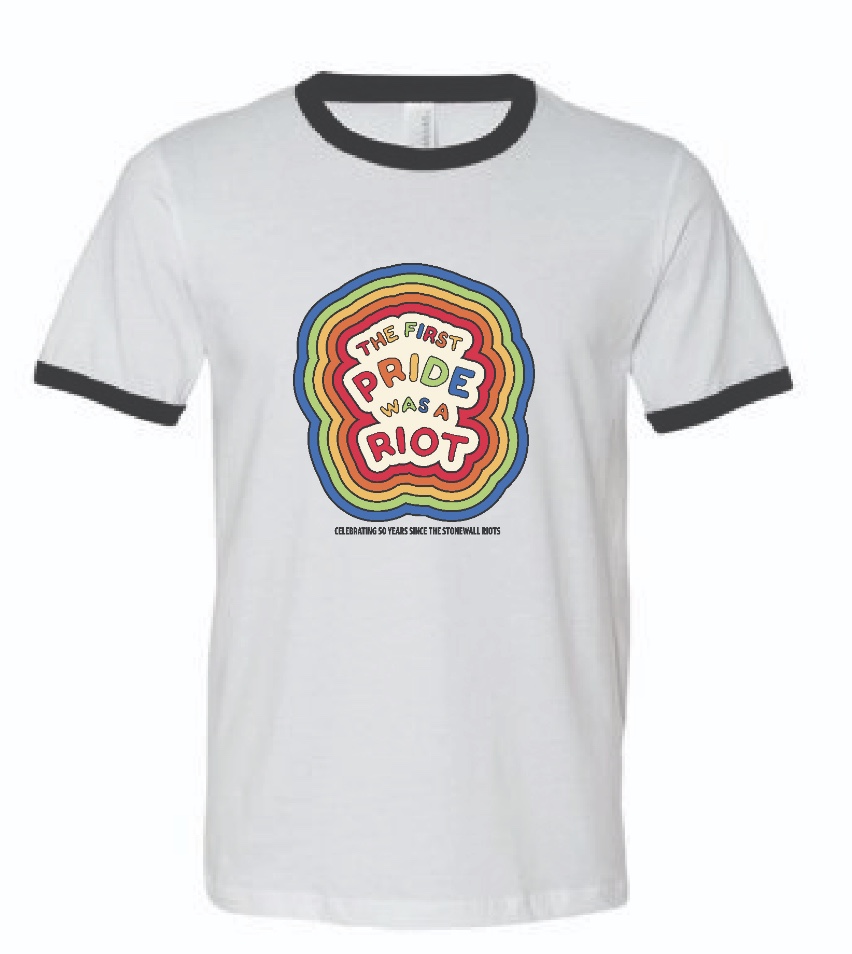 retro-vibe baby-soft ringer tee that says "the first pride was a riot."