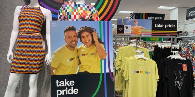 : A customer walks by a Pride Month merchandise display at a Target store on May 31, 2023 in San Francisco, California. Target has pulled some of its Pride Month merchandise from stores or have moved the seasonal displays to lesser seen areas of their stores to avoid conservative backlash that has threatened workers’ safety. (Photo by Justin Sullivan/Getty Images)
