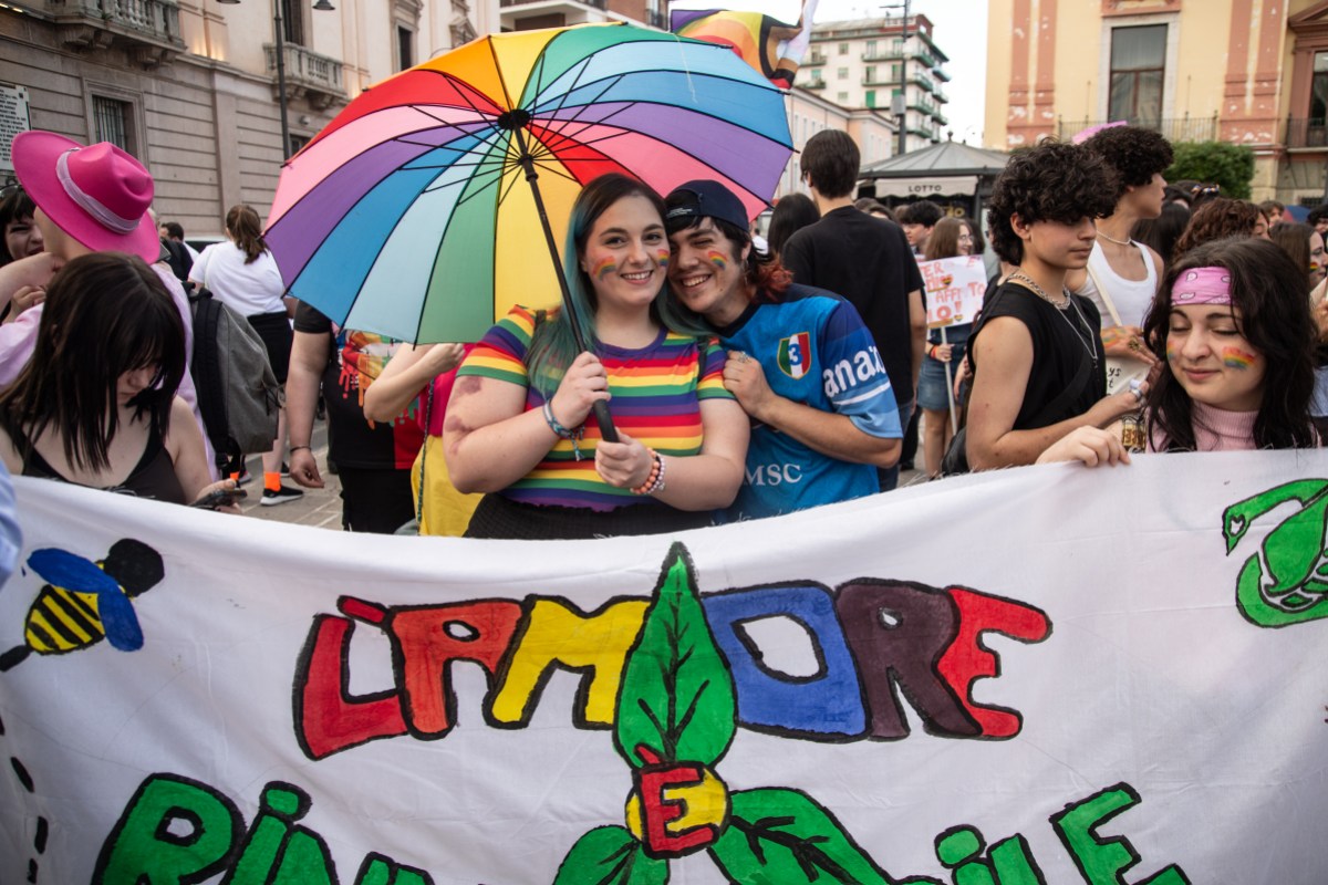 AVELLINO, ITALY - JUNE 10: People attend the Irpinia Pride Parade 2023 for LGBTQ+ rights on June 10, 2023 in Avellino, Italy. On June 10, 2023, the traditional appointment with Pride returns in defense of LGBTQ+ rights, in various Italian cities. It is the first appointment in a series of marches and parades scheduled in many Italian cities after the controversy over the revocation of moral patronage carried out by the governments of the Lazio Region and the Lombardy Region, motivated by the positions against surrogacy by the councils of two regions administered by centre-right coalitions. (Photo by Ivan Romano/Getty Images)