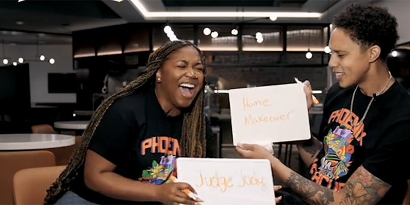 Brittney and Cherelle Griner laugh during The Newlywed Game