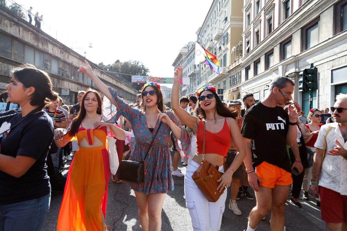GENOA, ITALY - JUNE 10: Members of the Lesbian, Gay, Bisexual and Transgender (LGBT+) community gather taking part in Liguria Pride on June 10, 2023 in Genoa, Italy. (Photo by Diletta Nicosia/Getty Images)
