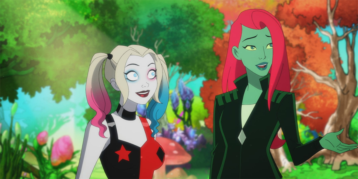 Harley and Ivy stand in the woods in Harley Quinn