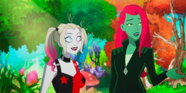 Harley and Ivy stand in the woods in Harley Quinn
