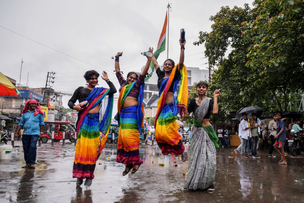 KOLKATA, WEST BENGAL, INDIA - 2023/06/25: Participants dance as the Gender rights activists and supporters of the LGBTQ community attend a pride parade in Kolkata. The LGBTQ community people organized a Pride Walk on the occasion of Pride Month in Kolkata. June is celebrated as LGBTQ pride month, creating awareness about their LGBTQ rights, promoting equality, honouring differences, fighting for justice and against discrimination. (Photo by Dipayan Bose/SOPA Images/LightRocket via Getty Images)