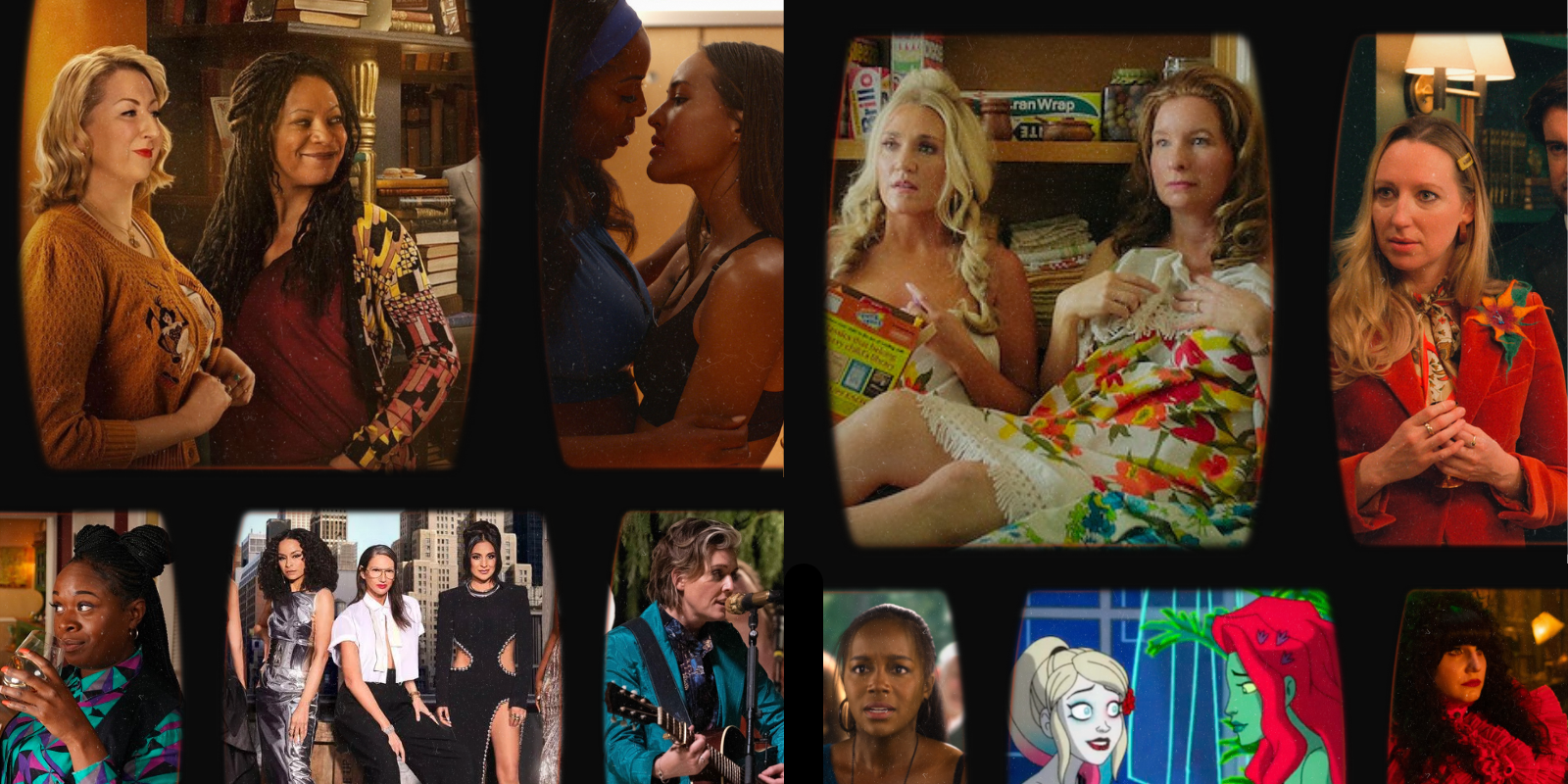 july 2023 streaming guide collage: Good Omens, Survival of the Thickest, Minx, The Afterparty. Bottom row: A Little White Lie, Real Housewives of New York, A Little White Lie, Brandi Carlile, The Donor Party, Harley Quinn, What We Do In the Shadows