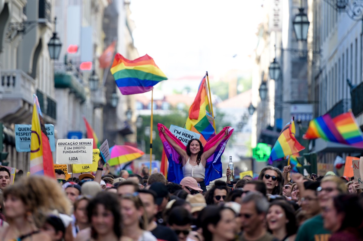 LISBON, PORTUGAL - JUNE 17: People participate in the Lisbon Pride Parade on June 17, 2023 in Lisbon, Portugal. This is the 24th annual LGBTI+ march, this year under the slogan "We exist, we fight, we resist." (Photo by Pedro Gomes/Getty Images)