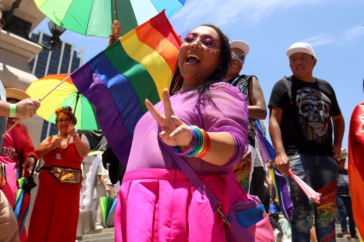 parade-goer in pink and purple outfit with big pride flag giving a peace sign to the photographer