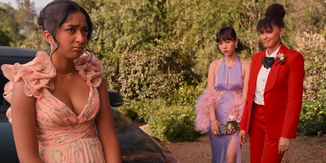 In Never Have I Ever Season Four, Devi, Eleanor, and Fabiola all go to Prom. Devi is South Asian and in a peach gown, Eleanor is East Asian and in a purple gown, Fabiola is Afro-Latina and in a red tux.