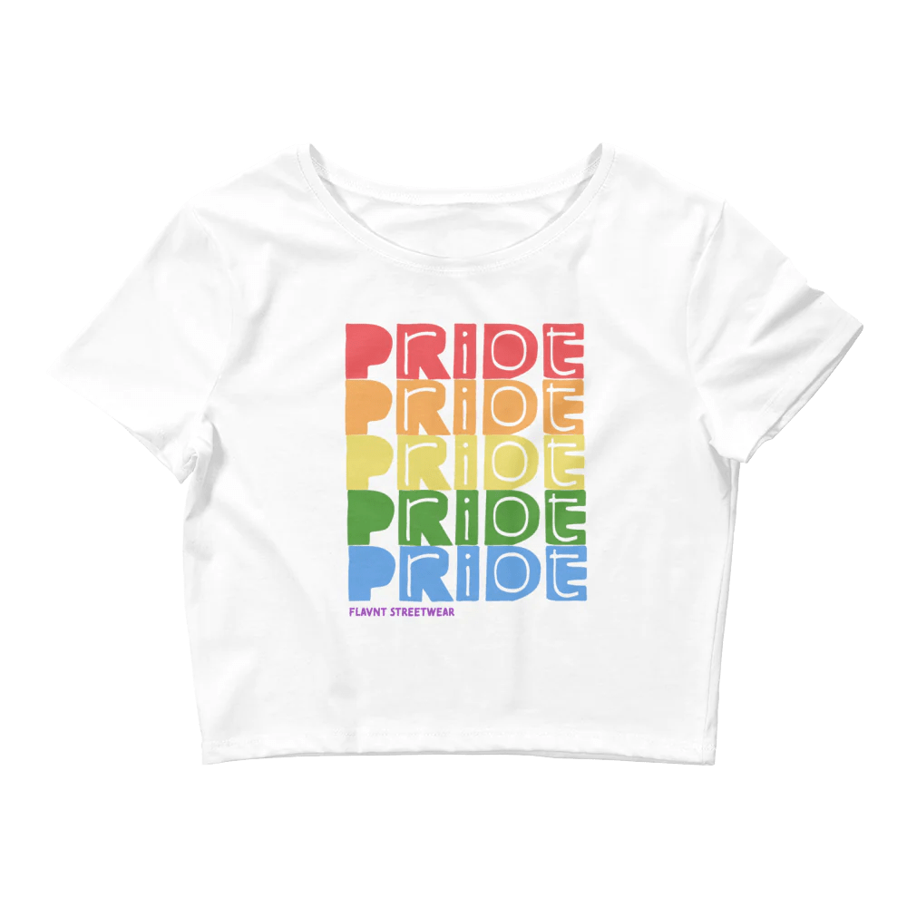 the word "Pride" repeated numerous times in a rainbow gradient with "riot" being written in.