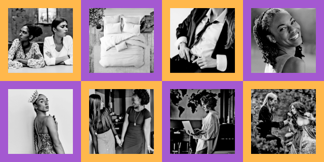 Eight romance tropes depicted in black and white photos against a purple and orange gridded background