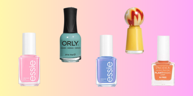 pink nail polish, blue nail polish, shimmery blue nail polish, yellow nail polish, and bronze nail polish