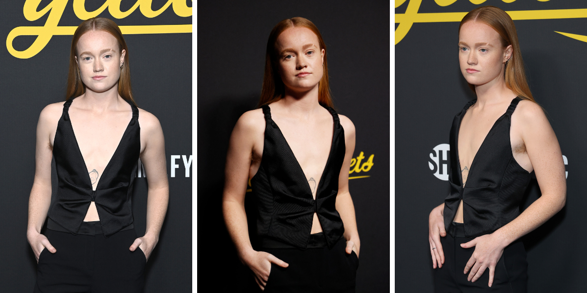 three photos of Liv Hewson from the same Yellowjackets red carpet, where they're wearing a black deep-V vest over black pants and their hair is down