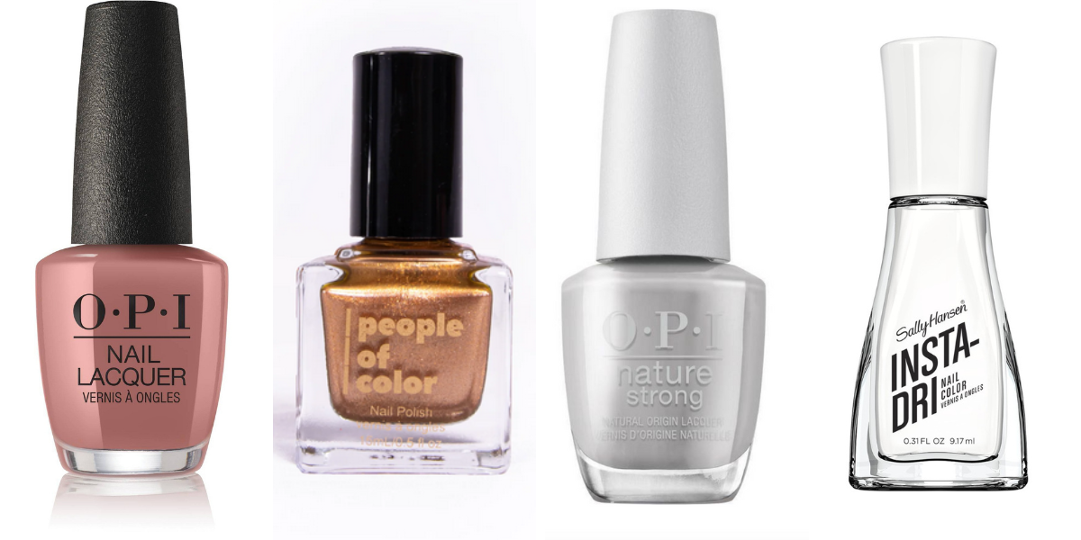 two bronze nail polishes, a gray one, and a white one